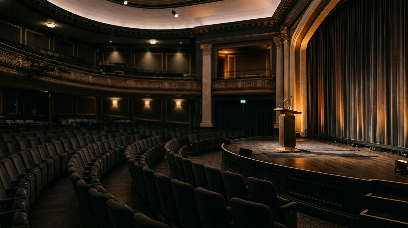 Elegant event venue with stage and warm lighting